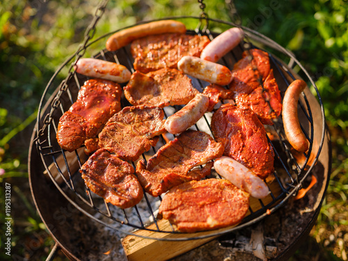 Grillgut auf dem Schwenkgrill im Sonnenlicht