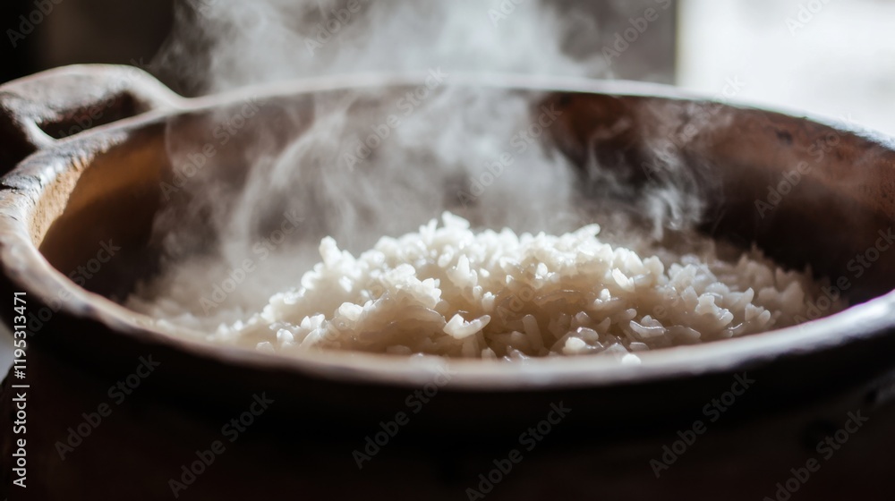 Close-up of rice cooking in a traditional clay pot. Featuring bubbling and steaming rice. Emphasizing traditional cooking methods. Ideal for culinary history and traditional recipe documentation. Close-up of rice cooking in a traditional clay pot. Featuring bubbling and steaming rice. Emphasizing traditional cooking methods. Ideal for culinary history and traditional recipe documentation.