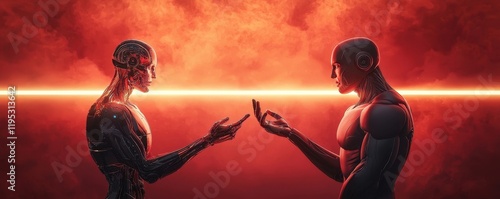 Two humanoid figures in a dramatic standoff with glowing line backdrop photo