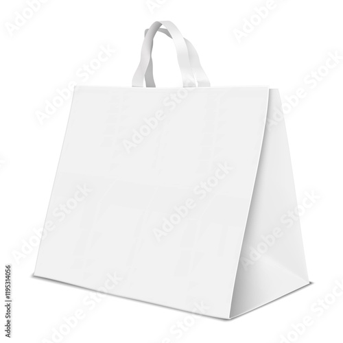 White blank flat bottom gusseted fabric handle paper bag. 3d mockup. Isolated large square package with handles. Realistic vector mock-up. Template for design