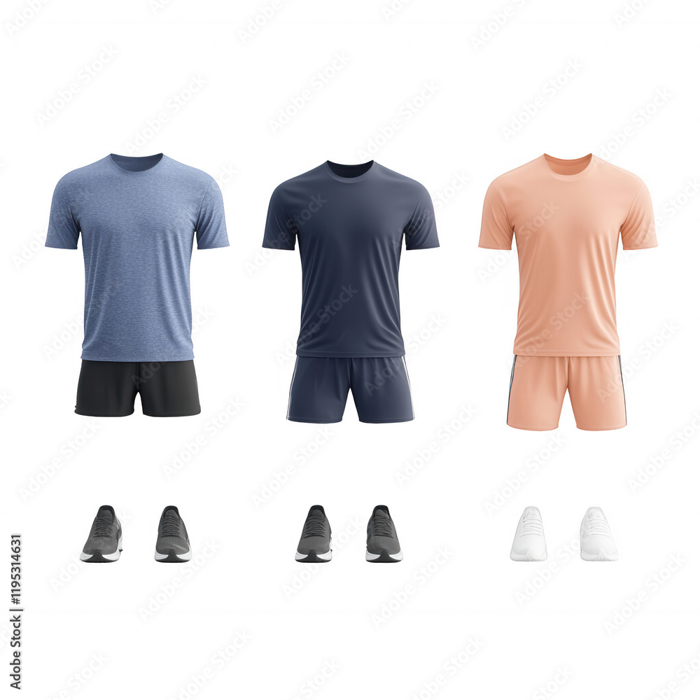 Three sports uniforms displayed with matching shoes for athletic activities., isolated on a transparent background. Three sports uniforms displayed with matching shoes for athletic activities., isolated on a transparent background.