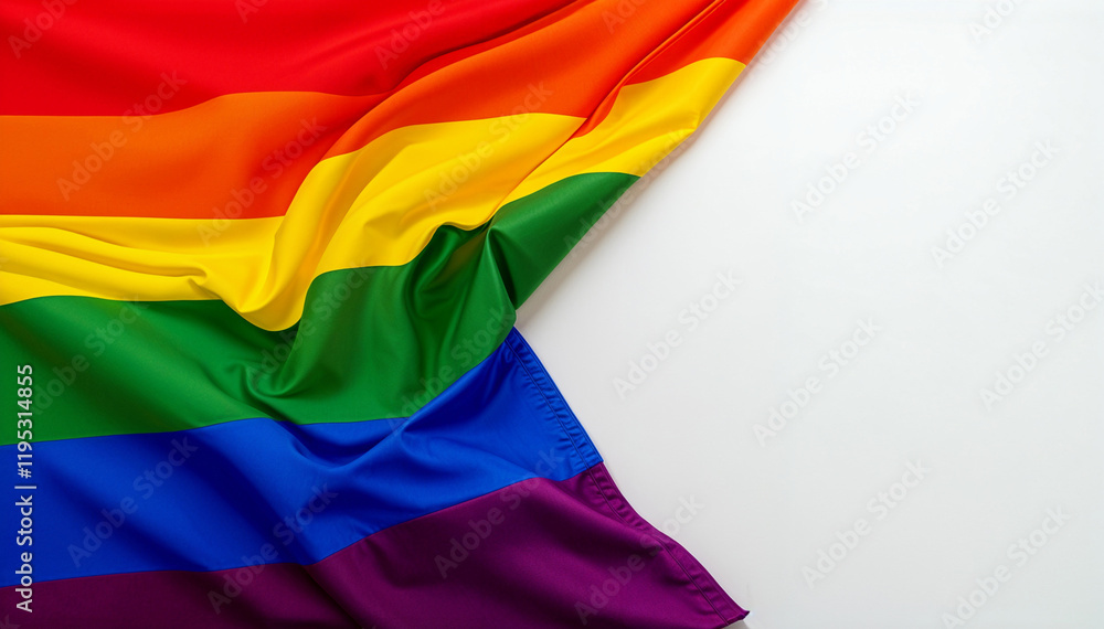 Obraz premium Vibrant rainbow flag on a white background. Suitable for LGBTQ+ pride events, social media posts, diversity celebrations, and equality campaigns.