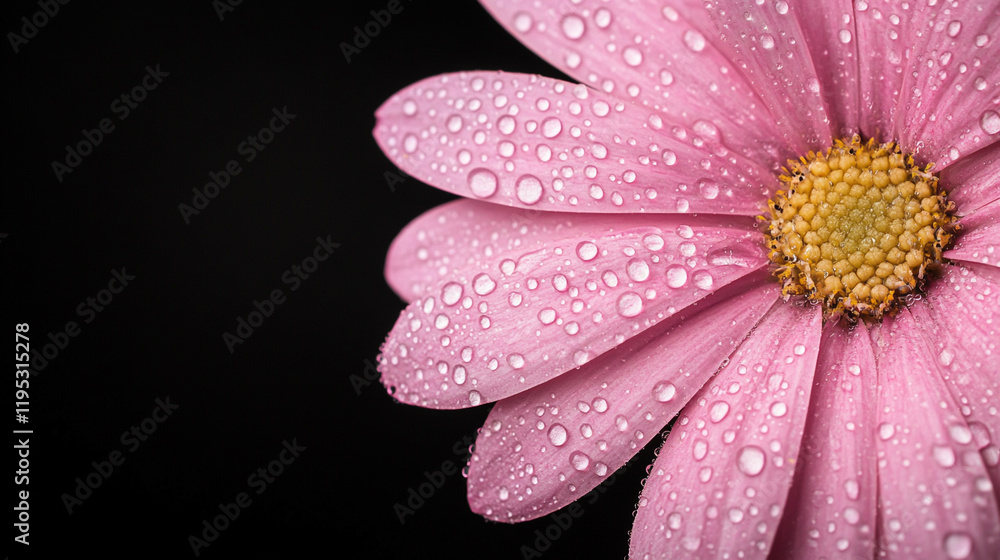 Close-up of a pink flower with dew drops glistening on its petals against a dark background. Close-up of a pink flower with dew drops glistening on its petals against a dark background.