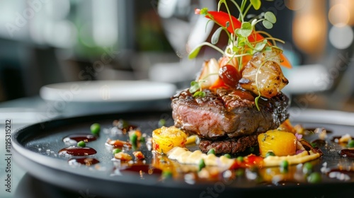 Gourmet Beef Filet Mignon Steak with Shrimp Topping and Garnish