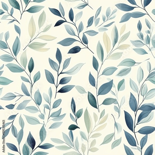 Gentle watercolor doodle depicting a variety of leaves in soft hues, showcasing nature's elegance and tranquility in a seamless pattern photo