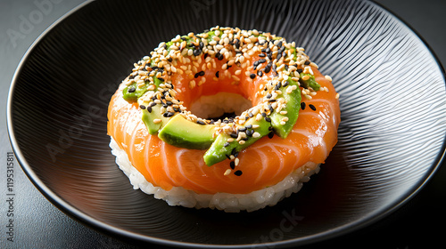 A beautifully plated sushi donut made with rice salmon avocado and sesame seeds presented on a sleek black plate.