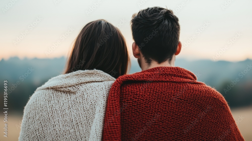 Fototapeta premium Couple enjoying mountain landscape at sunset covered by blanket