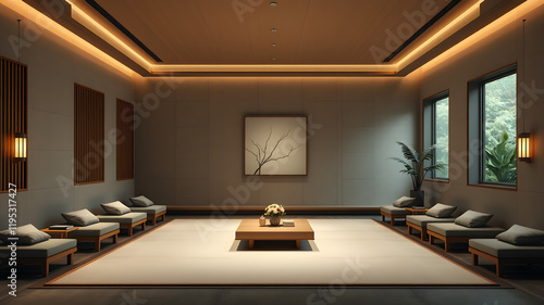 Wallpaper Mural Serene Minimalist Lounge:  A minimalist living space exudes tranquility with low-lying seating arrangements, a large artwork and a delicate floral centerpiece taking center stage. Torontodigital.ca