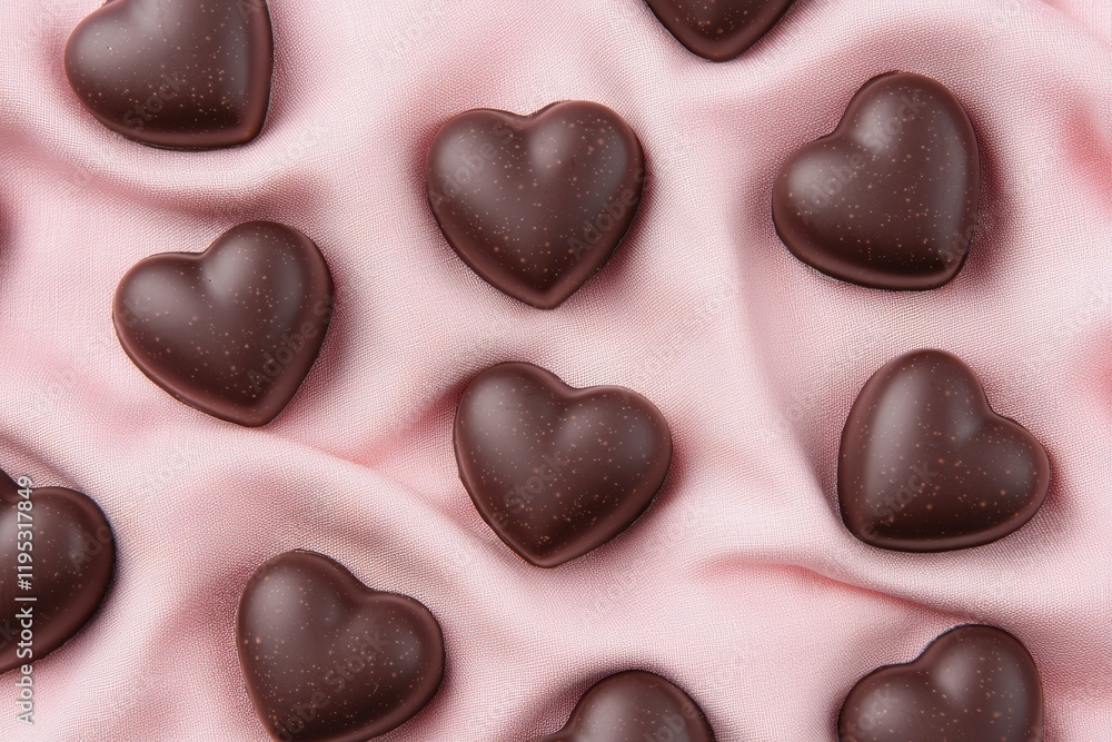 Fototapeta premium Heart shaped chocolates lying on pink silk fabric