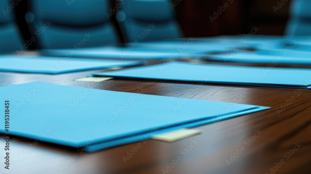 Meeting Room with Blue Folders on Wooden Conference Table Meeting Room with Blue Folders on Wooden Conference Table