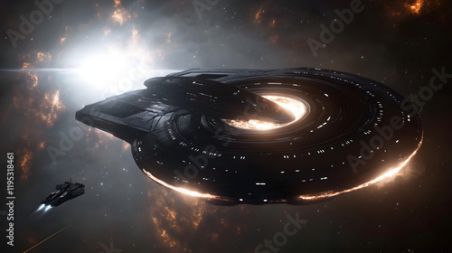 A breathtaking black hole surrounded by an accretion disk of glowing light a spaceship navigating nearby. photo