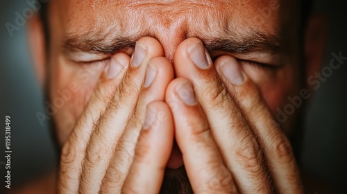 Wallpaper Mural Man expressing deep emotions while covering his face with hands indoors Torontodigital.ca