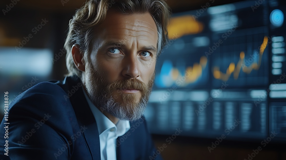 Obraz premium Pensive businessman in office, charts on screen.