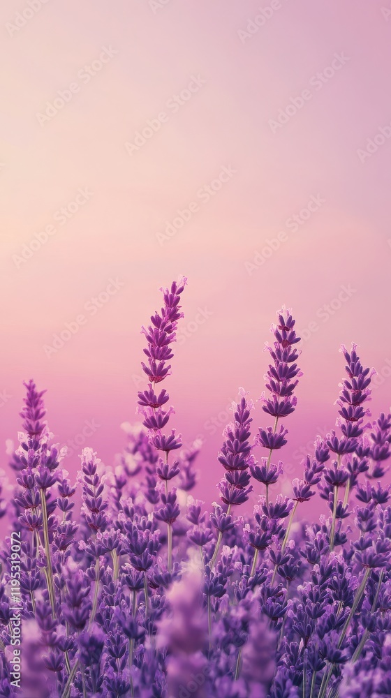 Fototapeta premium Vibrant lavender field blooming under a soft pink sky at sunset reveals nature's beauty in full bloom