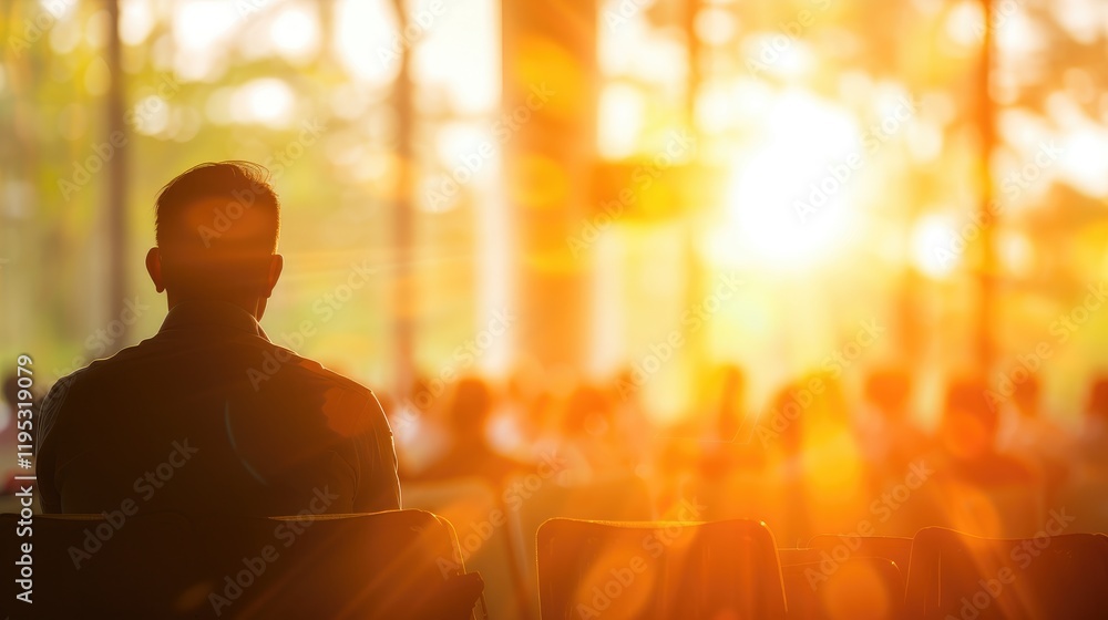 Silhouette of Man at Sunset in a Bright and Warm Environment Silhouette of Man at Sunset in a Bright and Warm Environment
