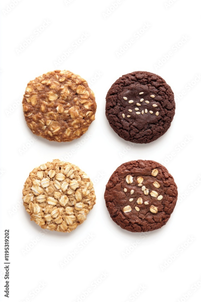 Assorted pack of cookies with different flavors, set on a white background. Assorted pack of cookies with different flavors, set on a white background.