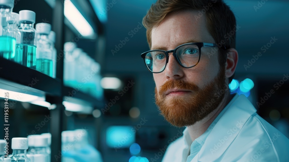 Thoughtful scientist in laboratory with blue lighting and vials Thoughtful scientist in laboratory with blue lighting and vials