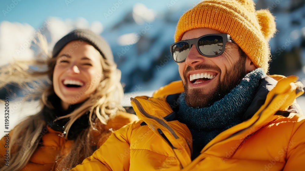 Joyful winter adventure with friends in a snowy mountain landscape Joyful winter adventure with friends in a snowy mountain landscape