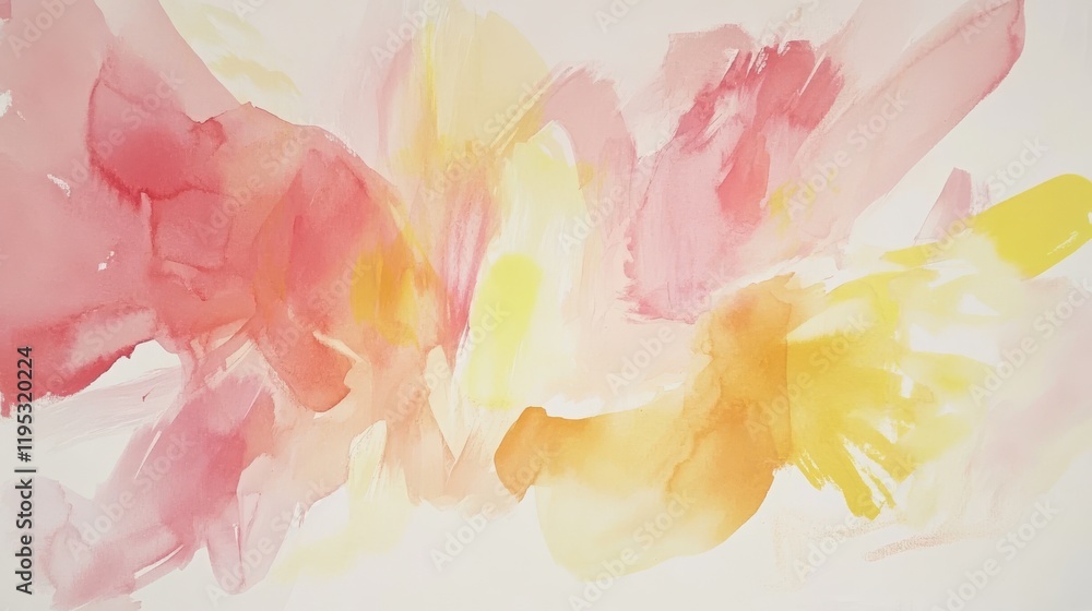 Soft watercolor strokes create a tranquil blend of coral pink and sunshine yellow in an abstract arrangement conveying warmth and peace Soft watercolor strokes create a tranquil blend of coral pink and sunshine yellow in an abstract arrangement conveying warmth and peace