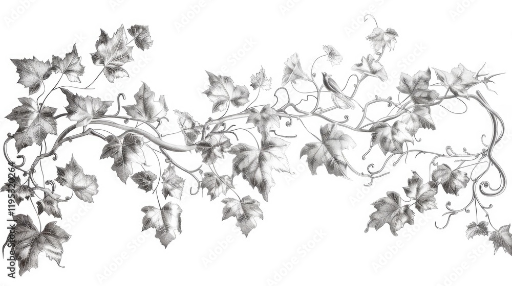 Drawing of a vine with leaves and a bird. The vine is long and winding, and the leaves are spread out in a variety of sizes. The bird is perched on a leaf, looking up at the viewer Drawing of a vine with leaves and a bird. The vine is long and winding, and the leaves are spread out in a variety of sizes. The bird is perched on a leaf, looking up at the viewer