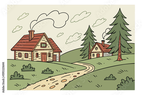 Village with houses and trees vector illustration