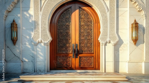 Ornate wooden double doors framed by detailed archways and wall sconces bathed in sunlight photo