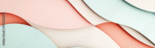 Arrangement of minimalist pastel mint and coral arcs creating an abstract design in soft colors