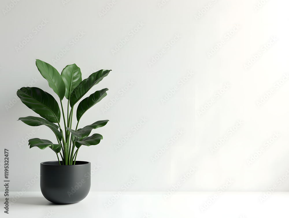 3D rendering of monstera in black pot on white background. Minimalistic interior of modern home office room with green plant in pot. Banner with empty space for text. 3D rendering of monstera in black pot on white background. Minimalistic interior of modern home office room with green plant in pot. Banner with empty space for text.