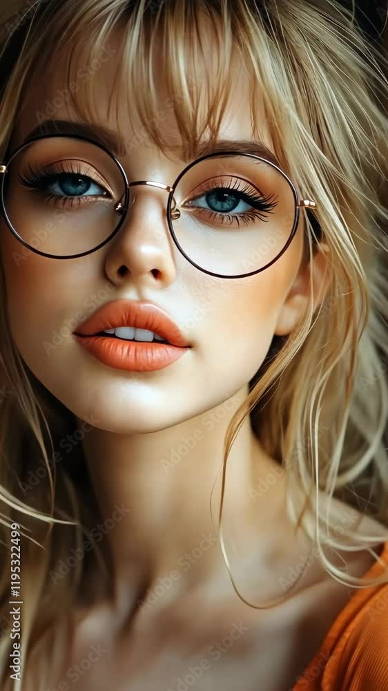 Beautiful young woman with striking blue eyes and glasses poses elegantly with tousled hair, showcasing a natural makeup look Beautiful young woman with striking blue eyes and glasses poses elegantly with tousled hair, showcasing a natural makeup look