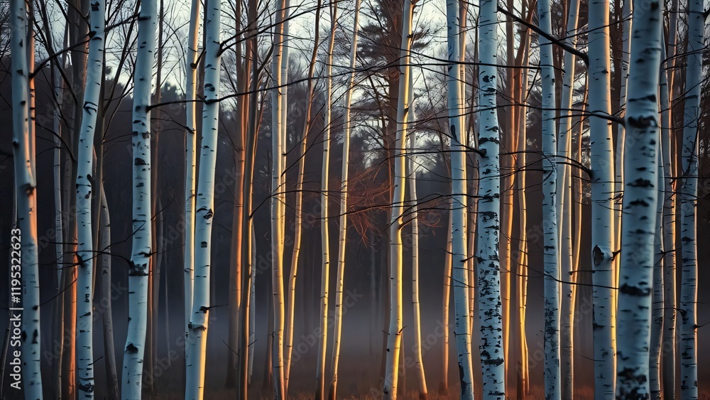 Obraz premium Silver Birch Grove in Soft Misty Light at Dusk
