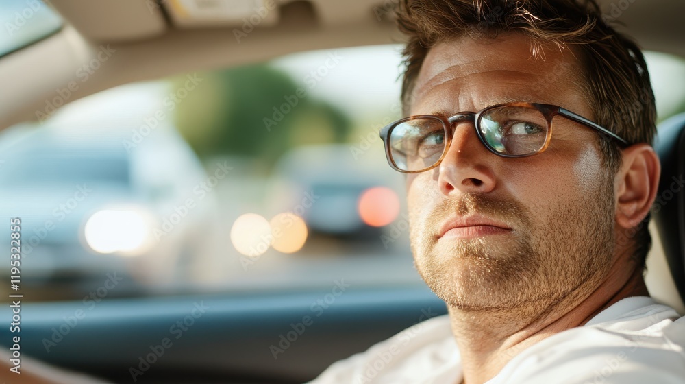 Man driving in a busy street during golden hour light Man driving in a busy street during golden hour light