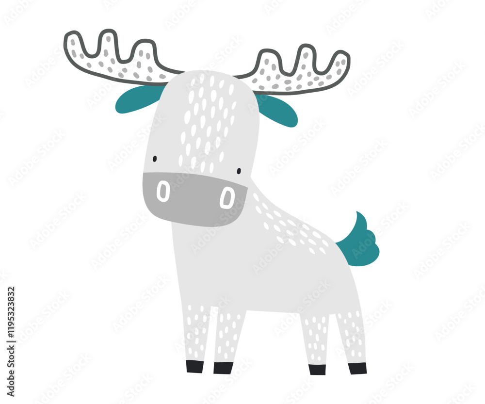 Obraz premium Vector hand drawn illustration of cartoon cute deer on white. Cute animals for children. Arctic animals. Cartoon baby character. Kids postcard, poster, print. Scandinavian.
