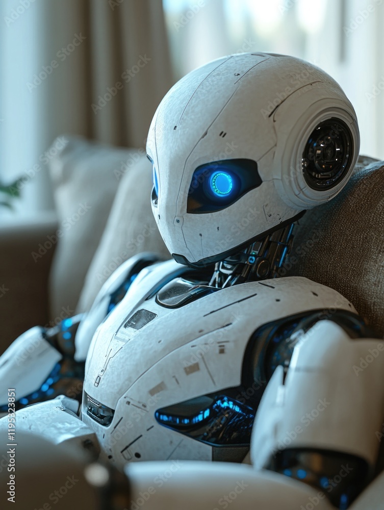 Robot sitting on couch near window Robot sitting on couch near window