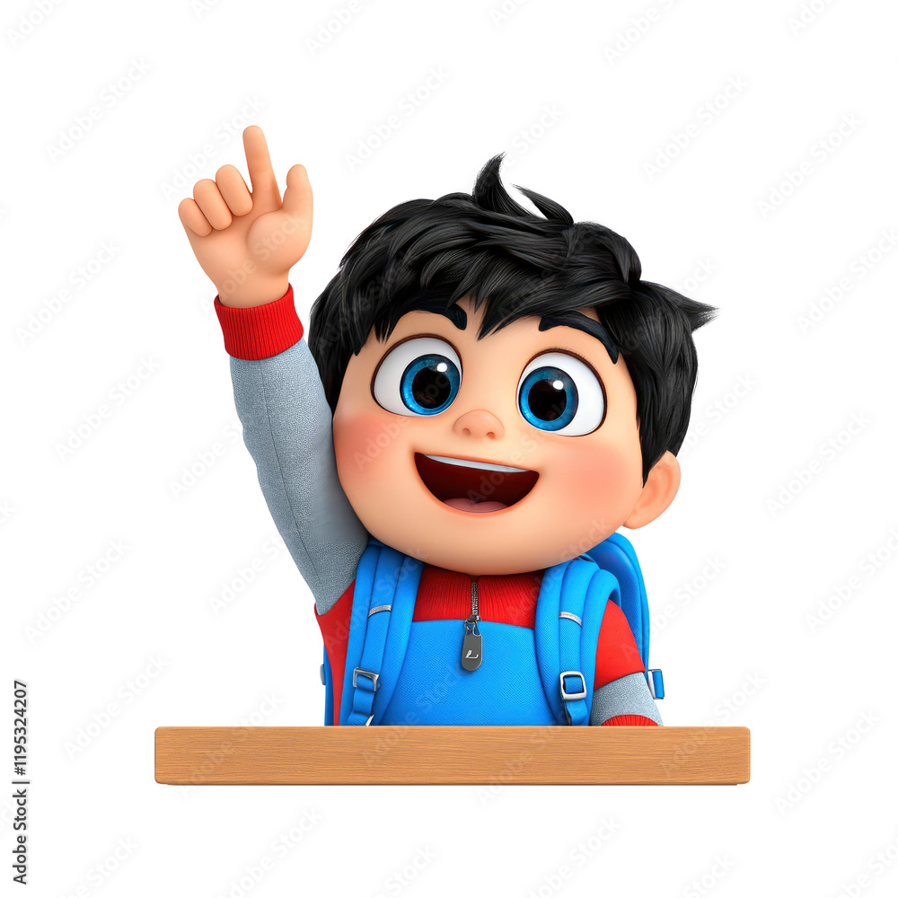 Enthusiastic 3D Cartoon Boy Raising Hand in Class Enthusiastic 3D Cartoon Boy Raising Hand in Class
