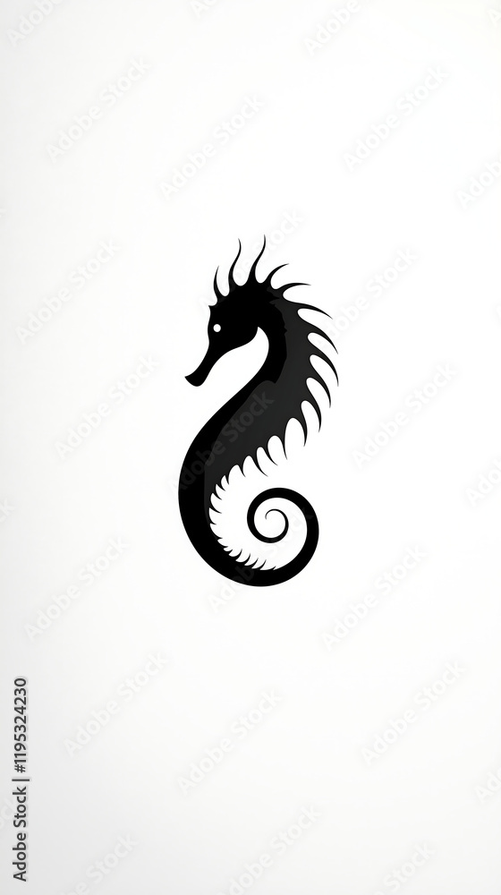 Fototapeta premium stylized black seahorse silhouette is presented against a stark white background The image is minimalist and features a curled tail