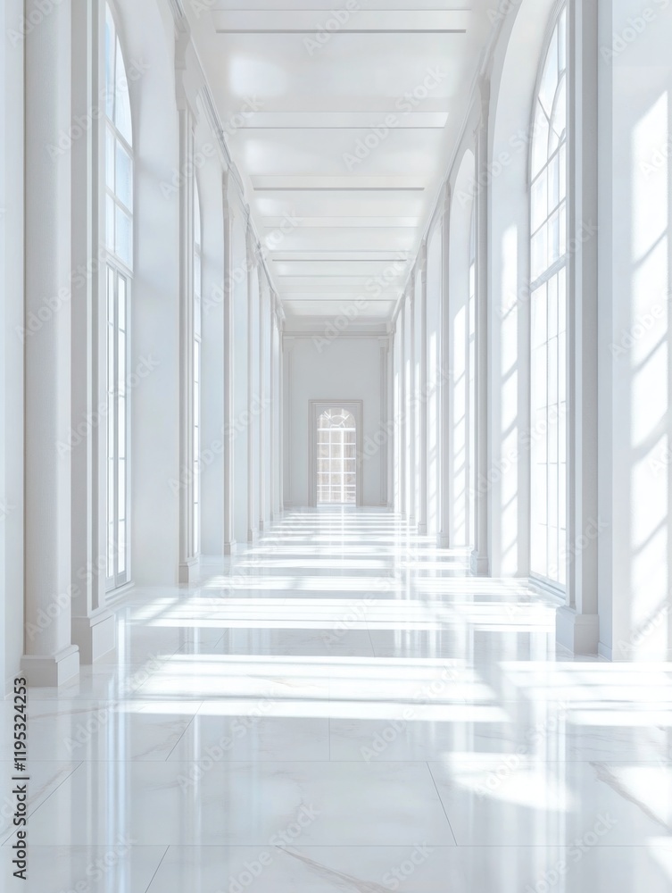 Fototapeta premium The hallway is long and spacious, with large columns on either side of the floor. The windows allow natural light to stream in, creating an airy and bright atmosphere.
