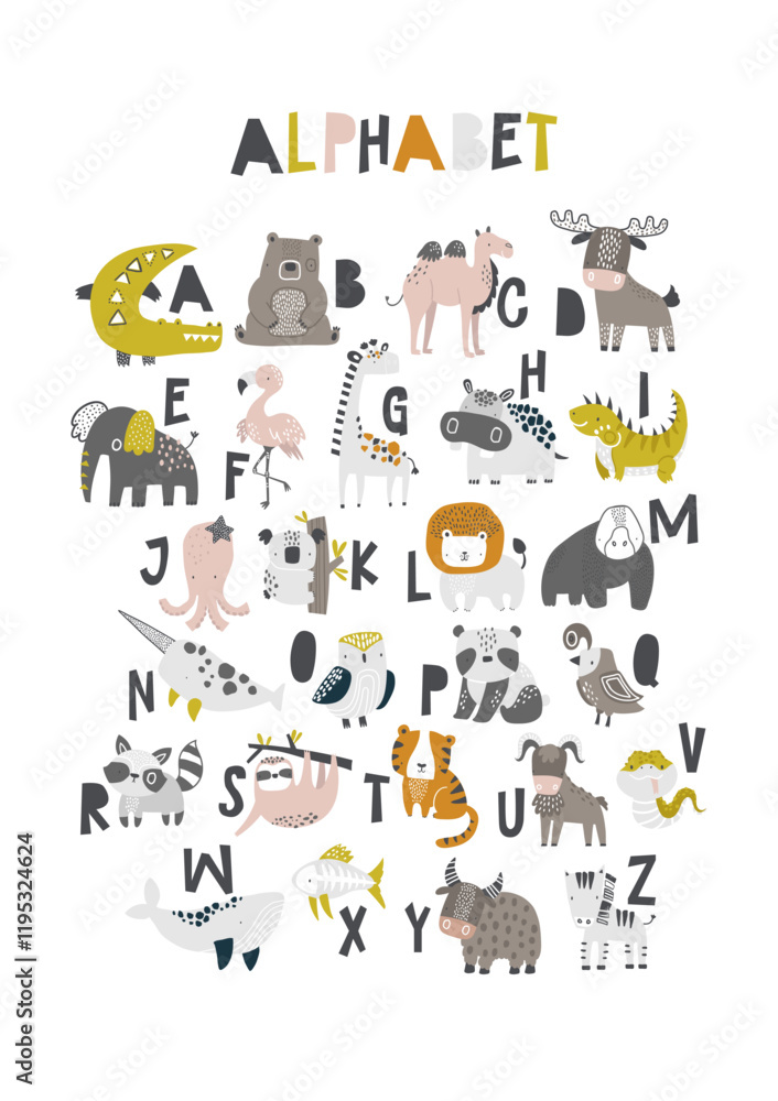 Fototapeta premium Vector illustration of alphabet for kids with animals. Childrens funny ABC for preschool, kindergarten learning, reading. Learn letters from a to z with animal theme. Kids poster. Scandinavian.
