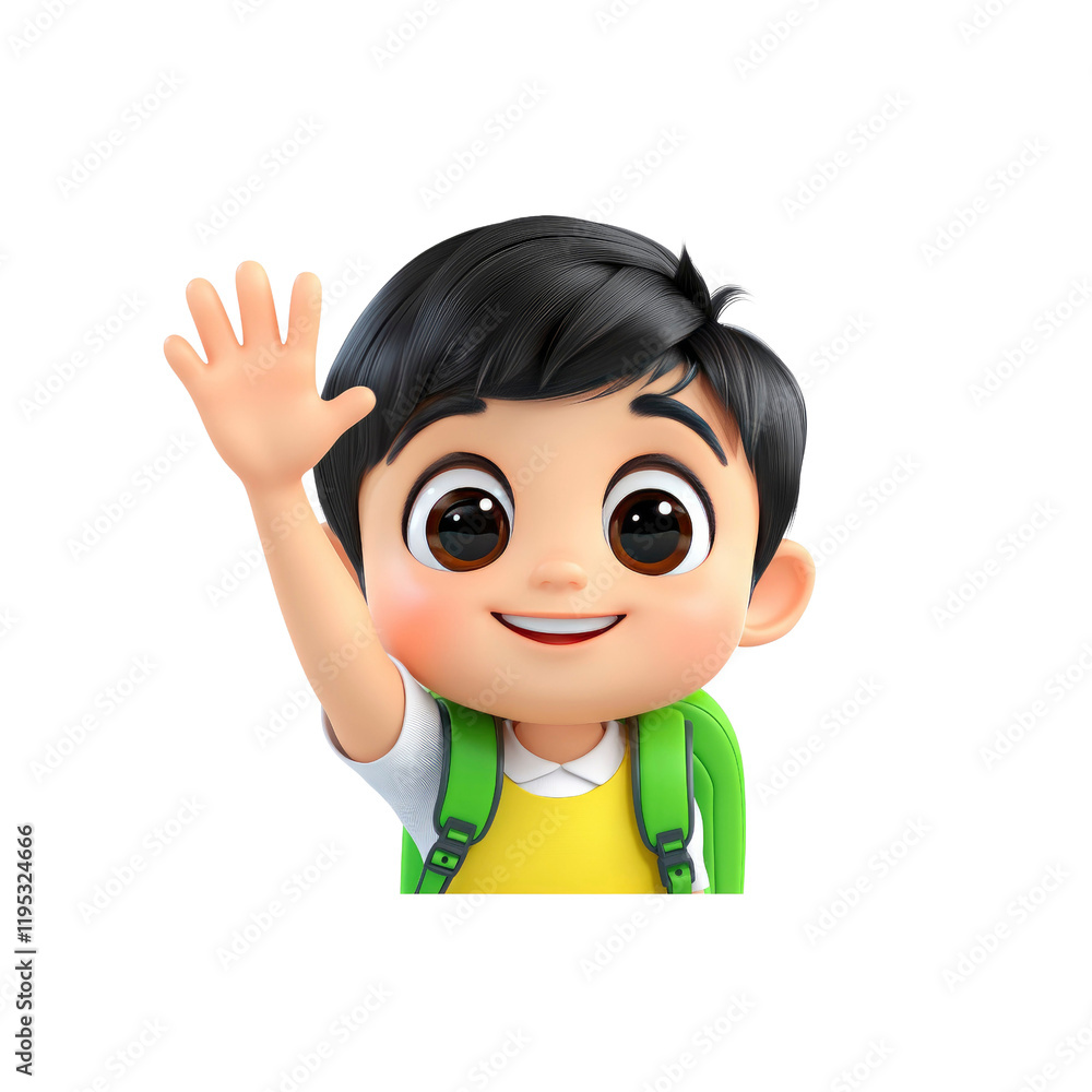 Happy Schoolboy Waving Hello - 3D Rendered Cartoon Character Happy Schoolboy Waving Hello - 3D Rendered Cartoon Character