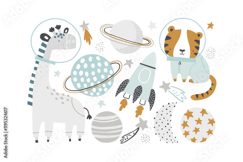 Vector illustration of cute giraffe and tiger astronauts, planets, rocket and stars. Space set for kids. Cartoon characters animals astronauts. Saturn, Moon. Cosmos elements. Space adventure. Baby.