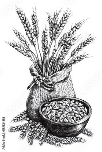 Black and white illustration of wheat grains in a pouch placed on a bowl, symbolizing agriculture and harvest. photo