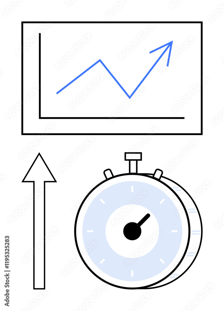 Stopwatch and upward arrow below growth chart indicate speed, efficiency, and progress. Ideal for time management, productivity, goal setting, performance tracking, success, analytics abstract line Stopwatch and upward arrow below growth chart indicate speed, efficiency, and progress. Ideal for time management, productivity, goal setting, performance tracking, success, analytics abstract line