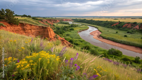 Scenic oklahoma landscape with red clay and river under expansive sky. photo