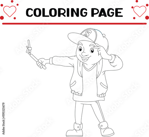 cool boy is doing selfie coloring page for kids