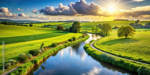 Lush Green Meadow Landscape with Ameliorative Canal - Idyllic Countryside Scene photo