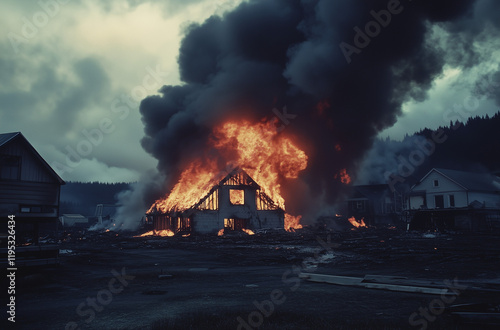 A wooden structure on fire, burning down to the ground in an open field next to two barns. The flames dance high above, and smoke billows from various spots around it.