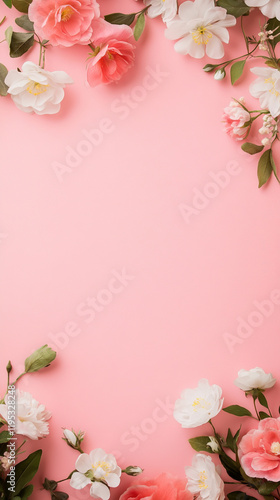 Soft pastel background adorned with blooming flowers creating a serene frame.