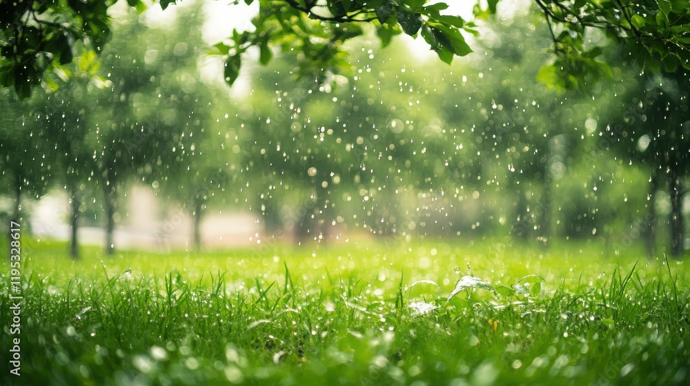 Spring rain gently falling in a tranquil park filled with greenery and blooming flowers Spring rain gently falling in a tranquil park filled with greenery and blooming flowers