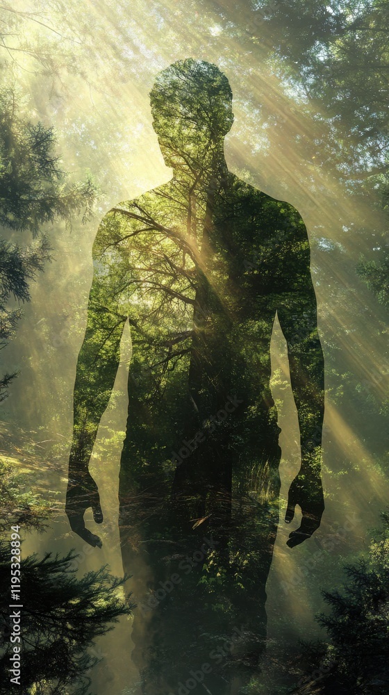 Mans silhouette surrounded by lush greenery and sunlight filtering through trees at dawn Mans silhouette surrounded by lush greenery and sunlight filtering through trees at dawn
