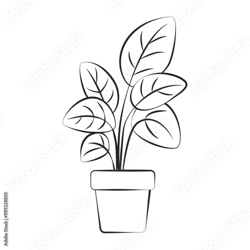 Houseplant with leaves in flower pot. Lineart