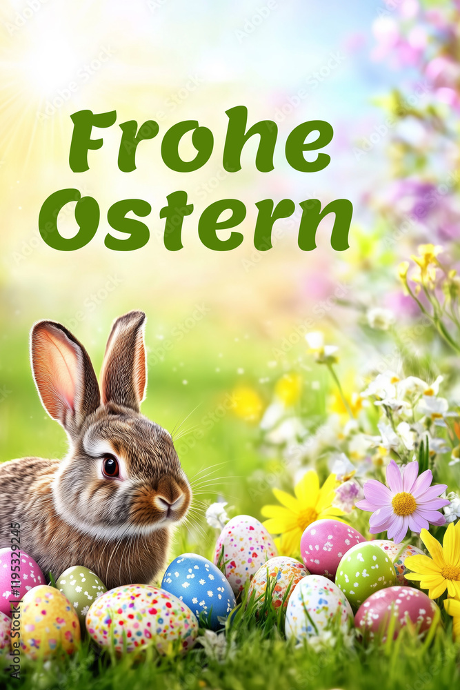 Frohe Ostern Grußkarte mit Osterhase und Ostereier Hase im Frühling